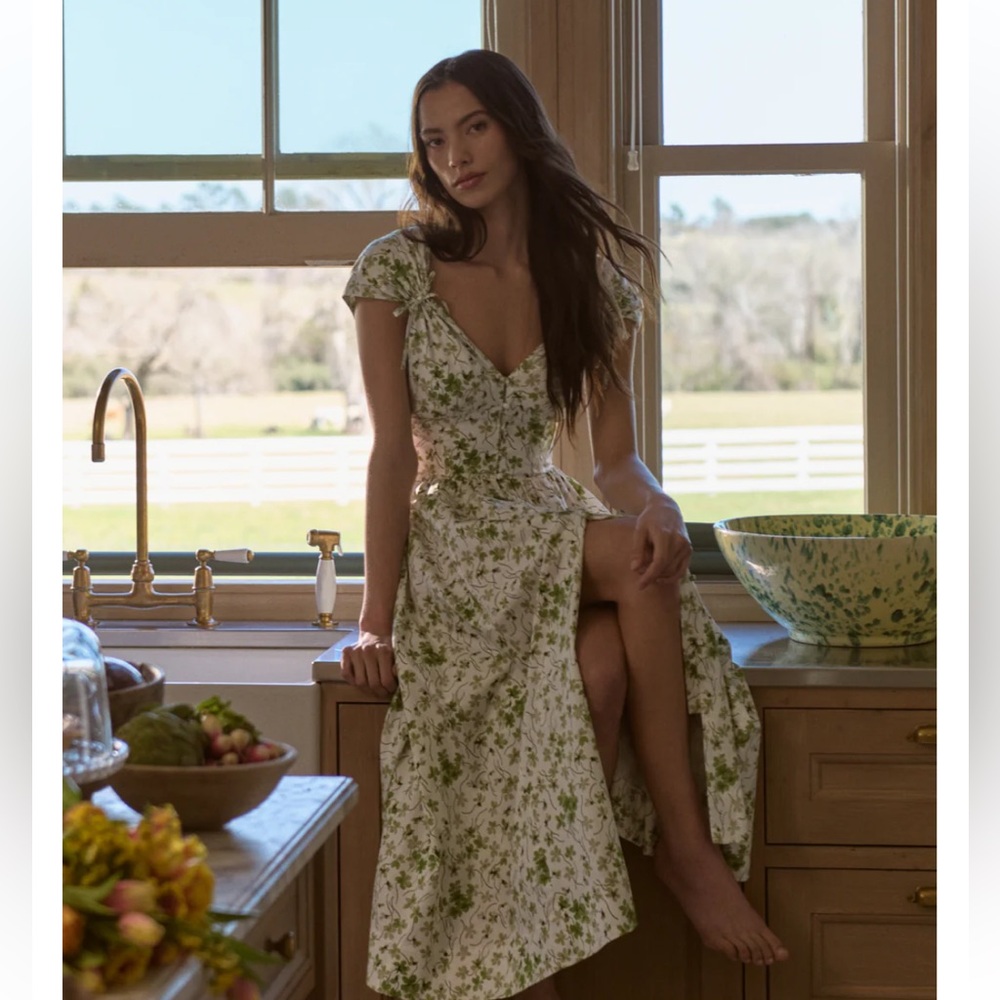 Hill House Lucille Dress Clover Print Dress in Green and White | S